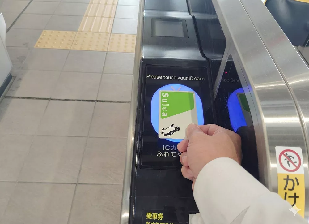 A person tapping a Suica card on the blue IC card reader at an automatic ticket gate to exit.