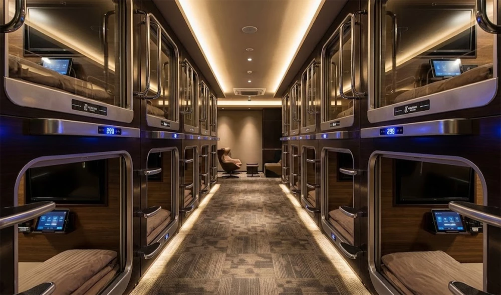 Rows of futuristic sleeping pods at a Japanese capsule hotel with soft lighting