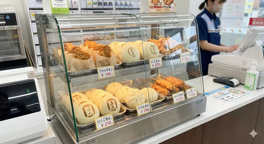 A glass display case at a Japanese convenience store counter filled with hot snacks. The top shelf holds fried chicken and steamed meat buns (Nikuman). The bottom shelf contains premium steamed buns and fried skewers. Price tags range from 190 to 370 yen. A staff member is visible working at the register in the background.