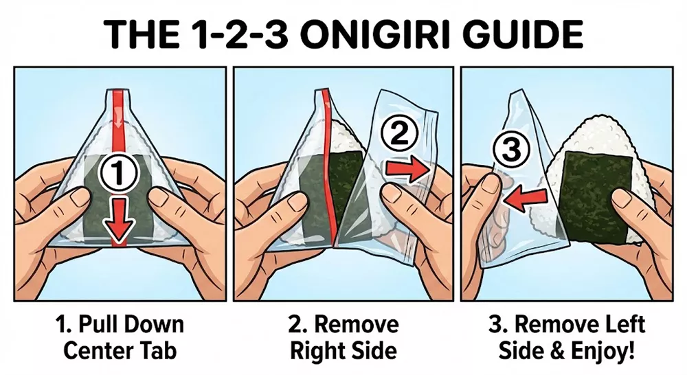 Alt Text: Illustration of the 1-2-3 step guide on how to open a Japanese convenience store onigiri wrapper. Step 1: Pull down the center tab. Step 2: Remove the right side plastic. Step 3: Remove the left side plastic to reveal the rice ball.