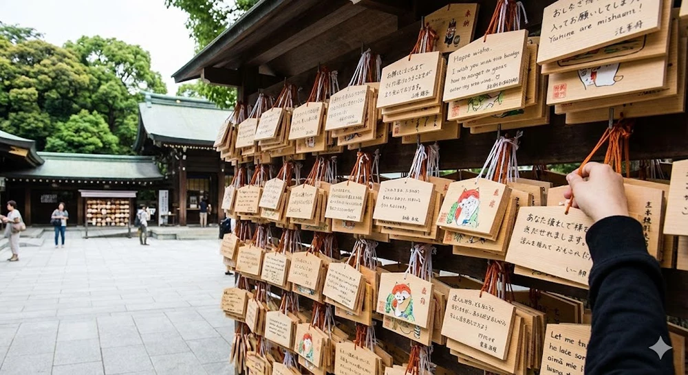 Illustration of Ema (wooden wishing plaques) hanging on a rack at a Japanese shrine. These pentagonal boards display handwritten wishes for health, success, or love, left by visitors for the gods.