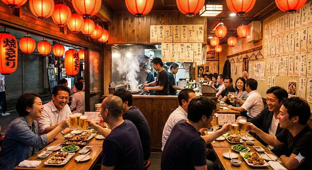 Traditional Japanese Izakaya pub with glowing red lanterns (Akachochin) at night