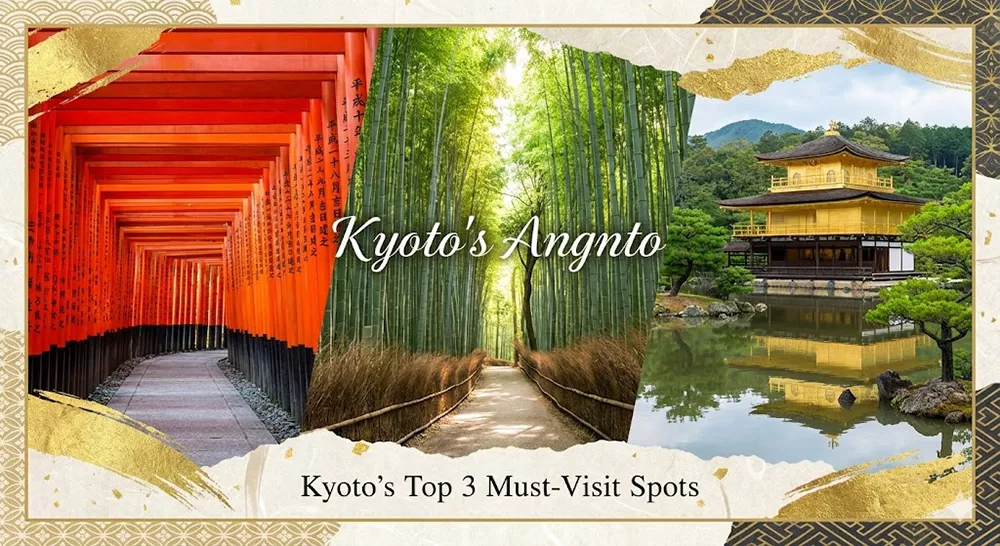 Collage of Kyoto's top landmarks: Fushimi Inari Shrine, Arashiyama Bamboo Grove, and Kinkaku-ji Golden Pavilion