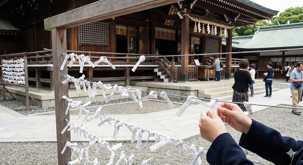 Illustration of Omikuji (fortune slips) tied to a wire rack at a Japanese shrine. Numerous white paper strips are knotted onto the rack, representing the custom of leaving 'Bad Luck' (Kyo) fortunes behind.