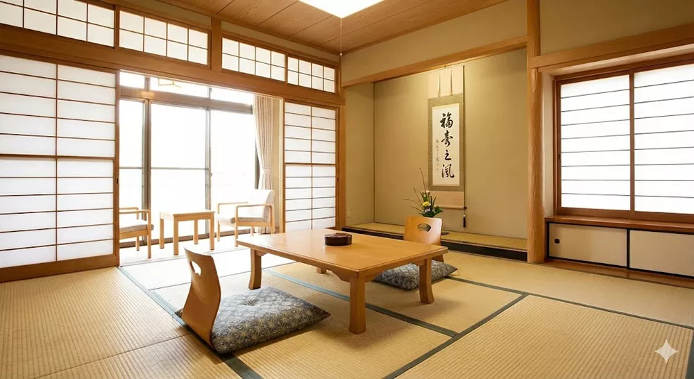 Interior of a traditional Japanese Ryokan guest room featuring Tatami mats, paper Shoji screens, a low wooden table, and Zabuton cushions