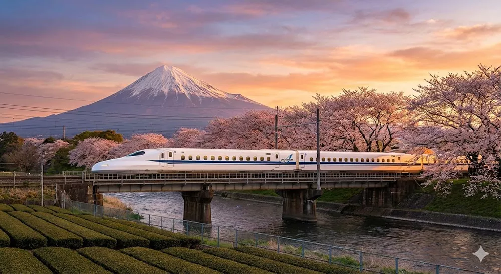A white Shinkansen bullet train speeding in front of snow-capped Mount Fuji with cherry blossoms in the foreground.