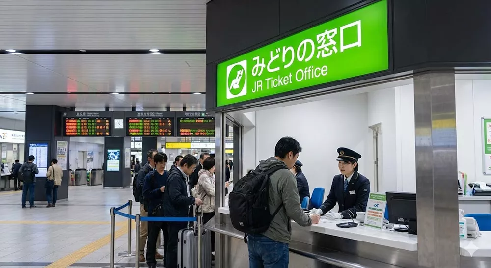 Illustration of a 'Midori-no-madoguchi' (JR Ticket Counter). A traveler is speaking with a station attendant at a counter to buy Shinkansen tickets, highlighting the option for personal assistance.