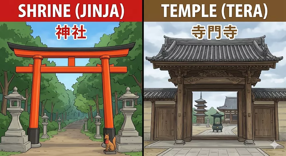 Split illustration showing the difference between a Japanese Shrine and a Temple. The left side, labeled "SHRINE (JINJA)", features a red Torii gate at a forest entrance with stone lanterns and a fox statue. The right side, labeled "TEMPLE (TERA)", shows a large wooden Sanmon gate leading to a temple courtyard with a multi-tiered pagoda and an incense burner.