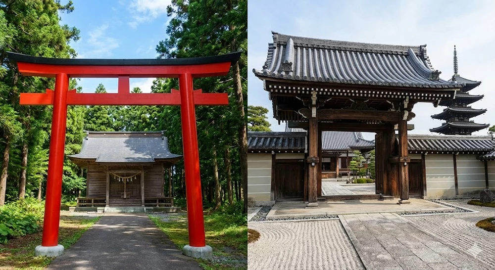 Split-screen comparison of Japanese religious architecture. The left side features a Shinto Shrine with a red Torii gate in a forest. The right side features a Buddhist Temple with a large wooden Sanmon gate and a multi-story pagoda.