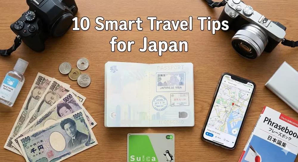 Japan travel essentials: Passport, Japanese Yen cash, Suica card, and camera