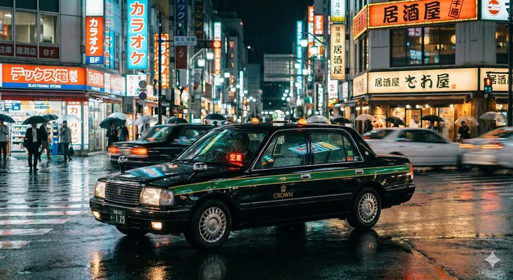 A black Japanese taxi driving on a wet city street at night, reflecting colorful neon signs.