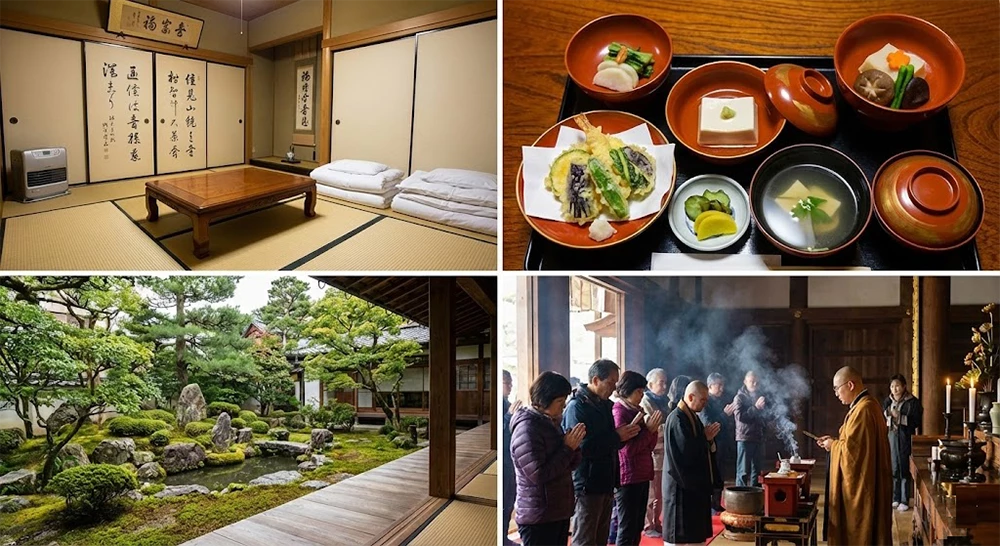 A serene corridor of a Japanese Buddhist temple offering Shukubo lodging