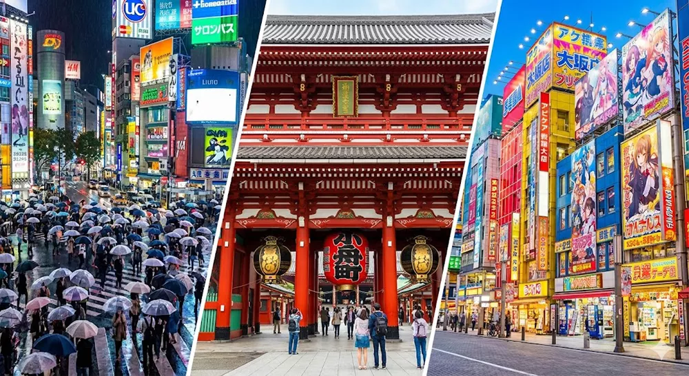 Collage of Tokyo's top sightseeing spots: Shibuya Scramble Crossing, Asakusa Kaminarimon gate, and Akihabara Electric Town