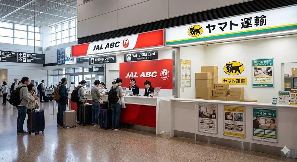 JAL ABC and Yamato Transport baggage delivery counters at a Japanese airport