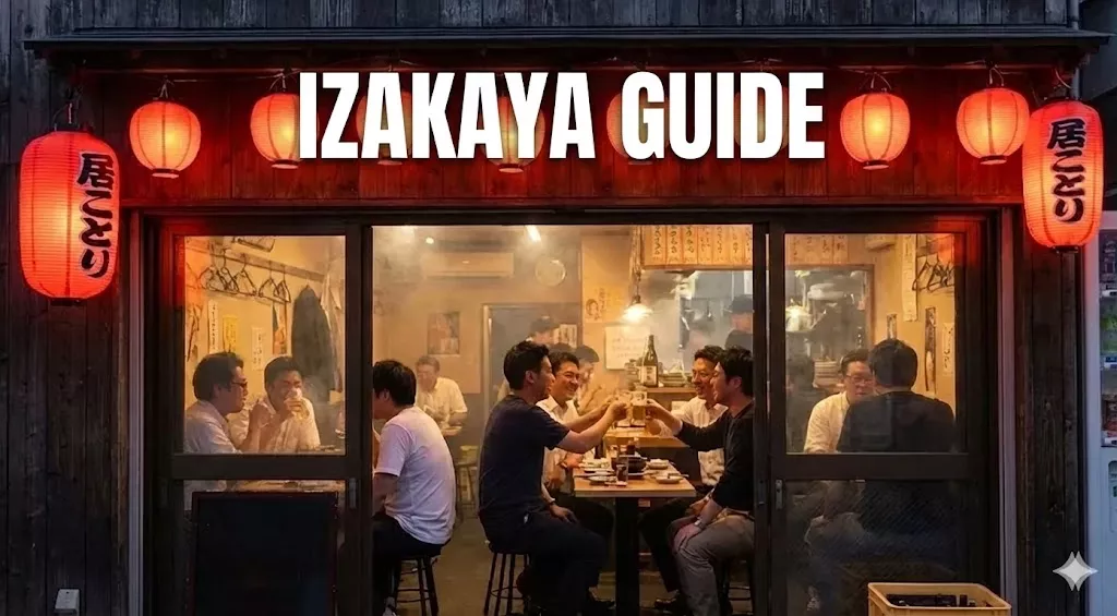 Traditional Japanese Izakaya exterior with red lanterns and text overlay reading IZAKAYA GUIDE.