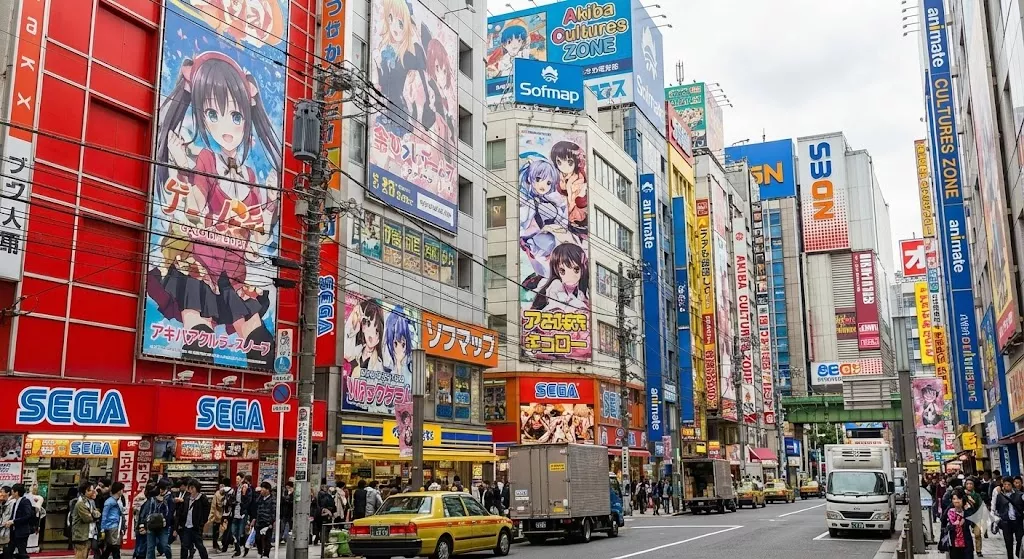 Vibrant street view of Akihabara Electric Town in Tokyo, lined with colorful anime billboards and large electronics stores.