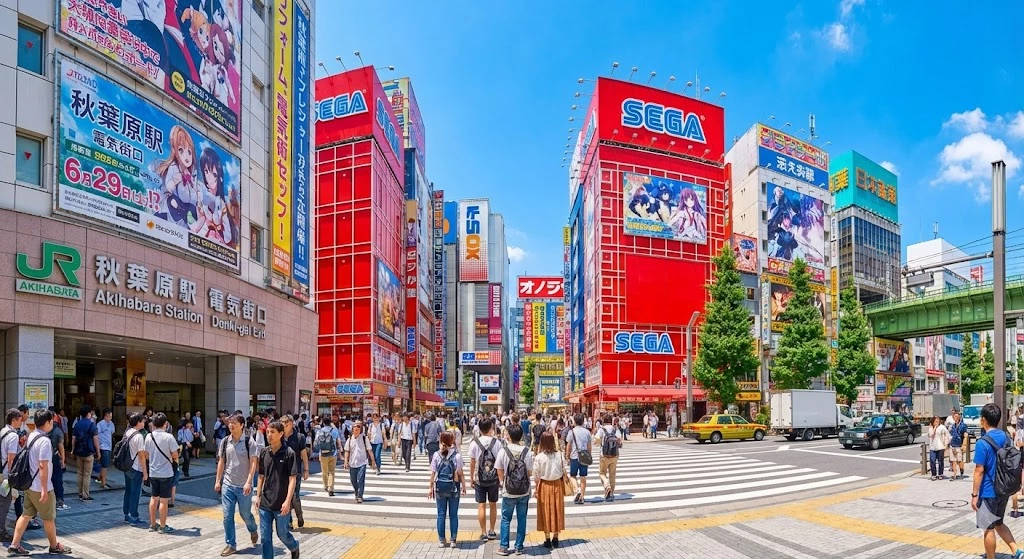 Daytime street view outside Akihabara Station Electric Town Exit, featuring anime billboards, SEGA arcades, and crowds under a blue sky.