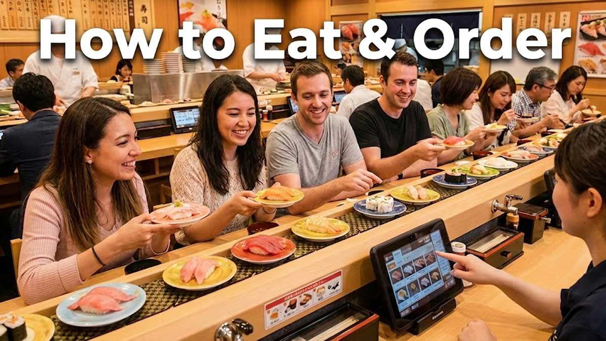 Foreign tourists enjoying sushi at a conveyor belt restaurant. Text overlay: "How to Eat & Order Kaiten-Sushi (Conveyor Belt Sushi)".