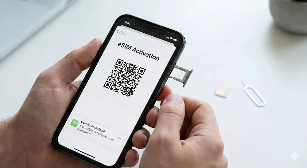 Scanning QR code to install eSIM on iPhone for travel