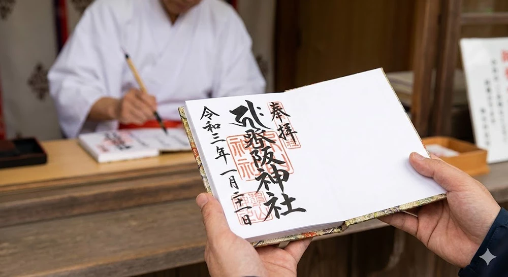A visitor holding a Goshuin-cho (stamp book) displaying a handwritten calligraphy and red stamp. In the background, a shrine attendant is writing in a book, showcasing the tradition of collecting Goshuin as a record of the visit.