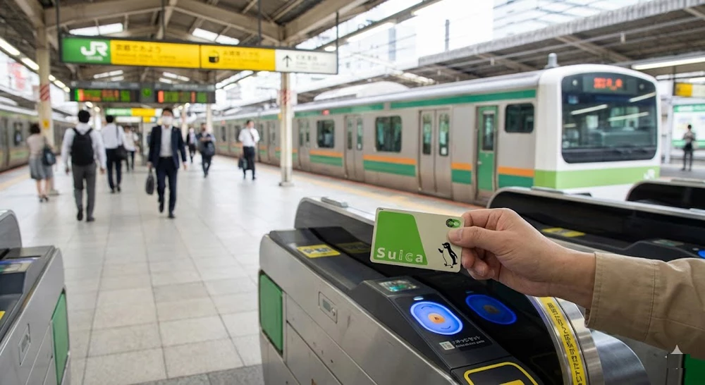 A hand holding a Suica IC card, about to tap it on the reader of an automatic ticket gate on a train platform in Japan.