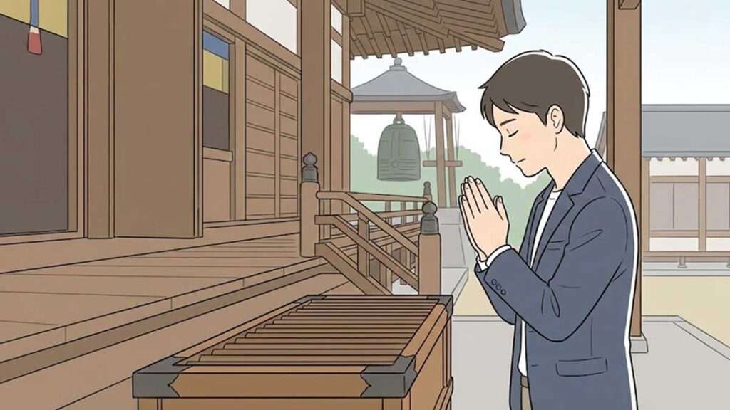 Illustration of a man praying at a Japanese Buddhist temple with hands pressed together (Gassho), without clapping