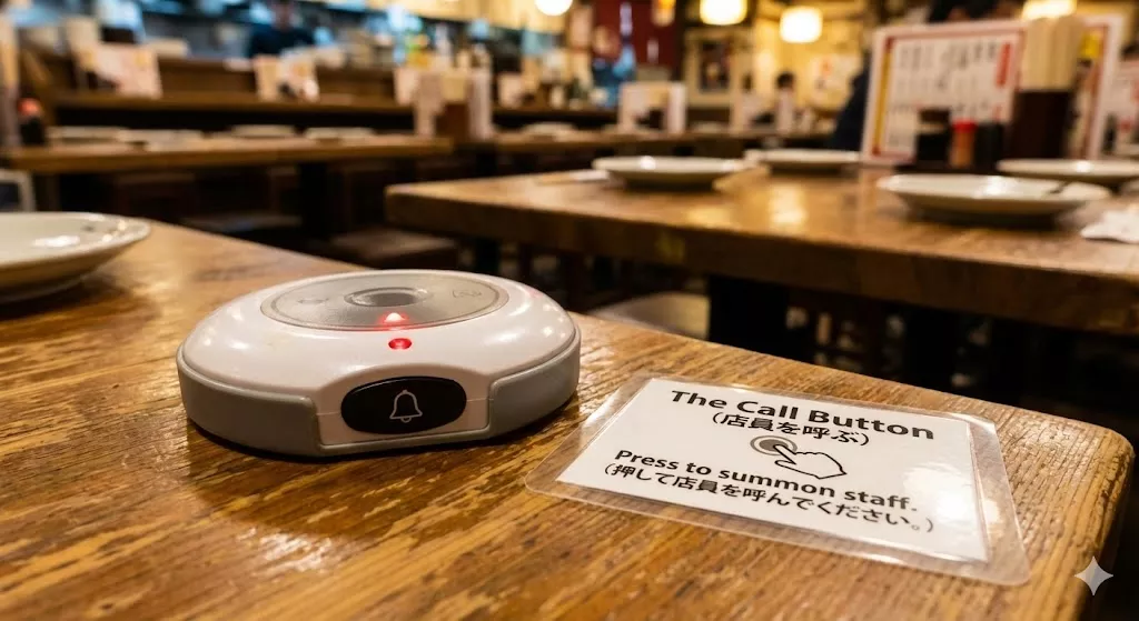 A close-up of a wireless call button on a table at a Japanese Izakaya used to summon waiters