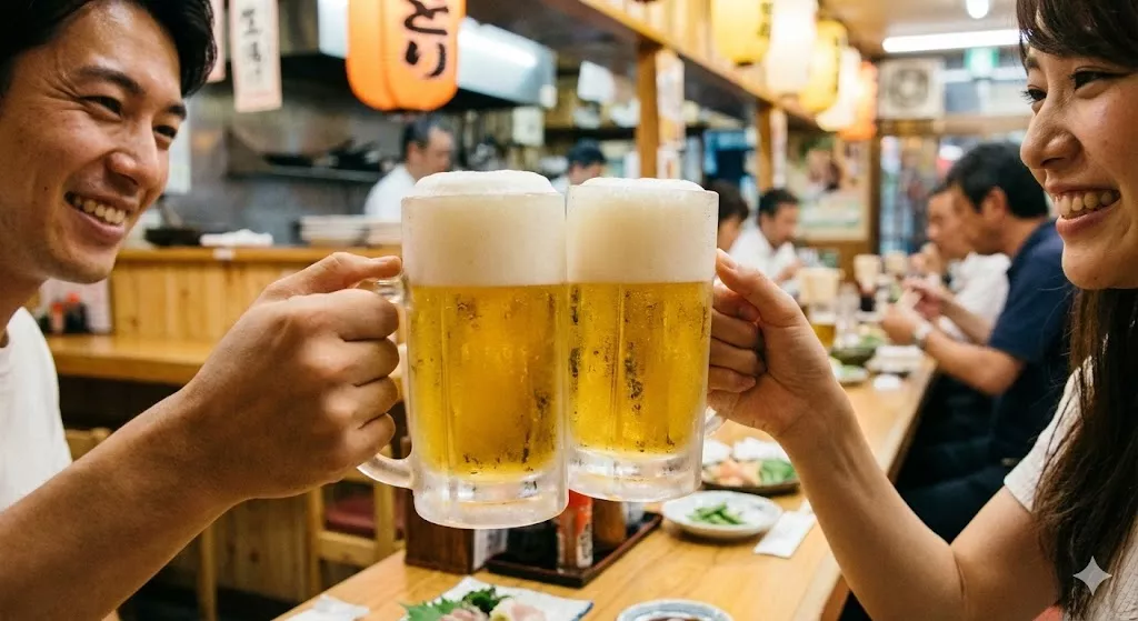 Friends toasting "Kanpai" with frosty mugs of Nama Biru (draft beer) featuring thick creamy foam at an Izakaya