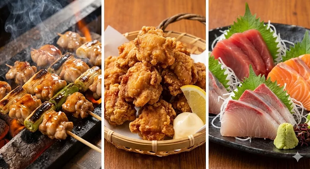 A table spread featuring popular Izakaya foods: charcoal-grilled Yakitori skewers, crispy Karaage fried chicken, and a fresh Sashimi platter