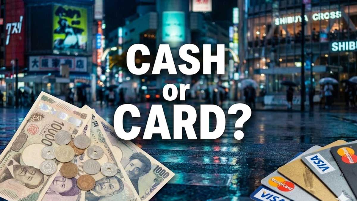 Japanese Yen cash and credit cards with text "CASH or CARD?" against a Shibuya night background