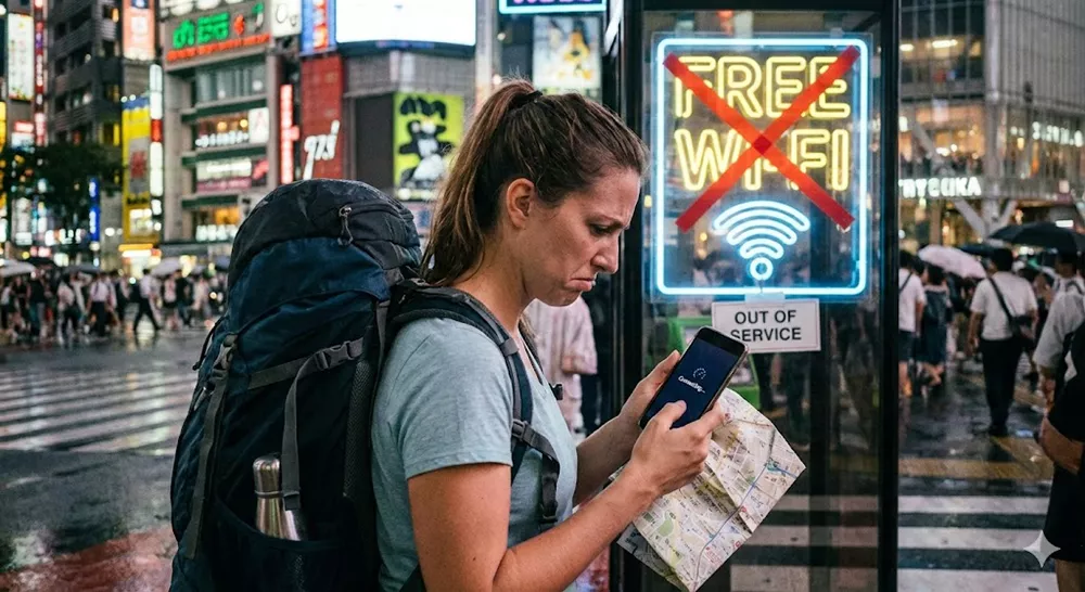 Public Free WiFi sign at a train station in Japan