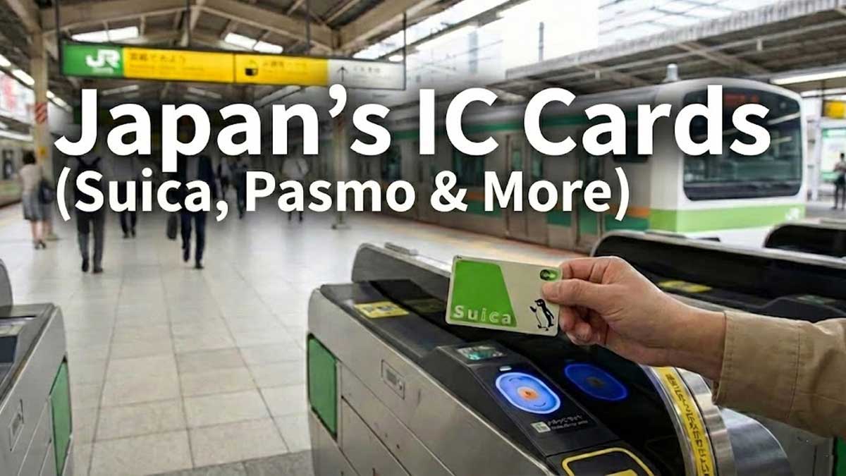 Hand holding a Suica card at a ticket gate with text overlay: "Japan's IC Cards (Suica, Pasmo & More)".