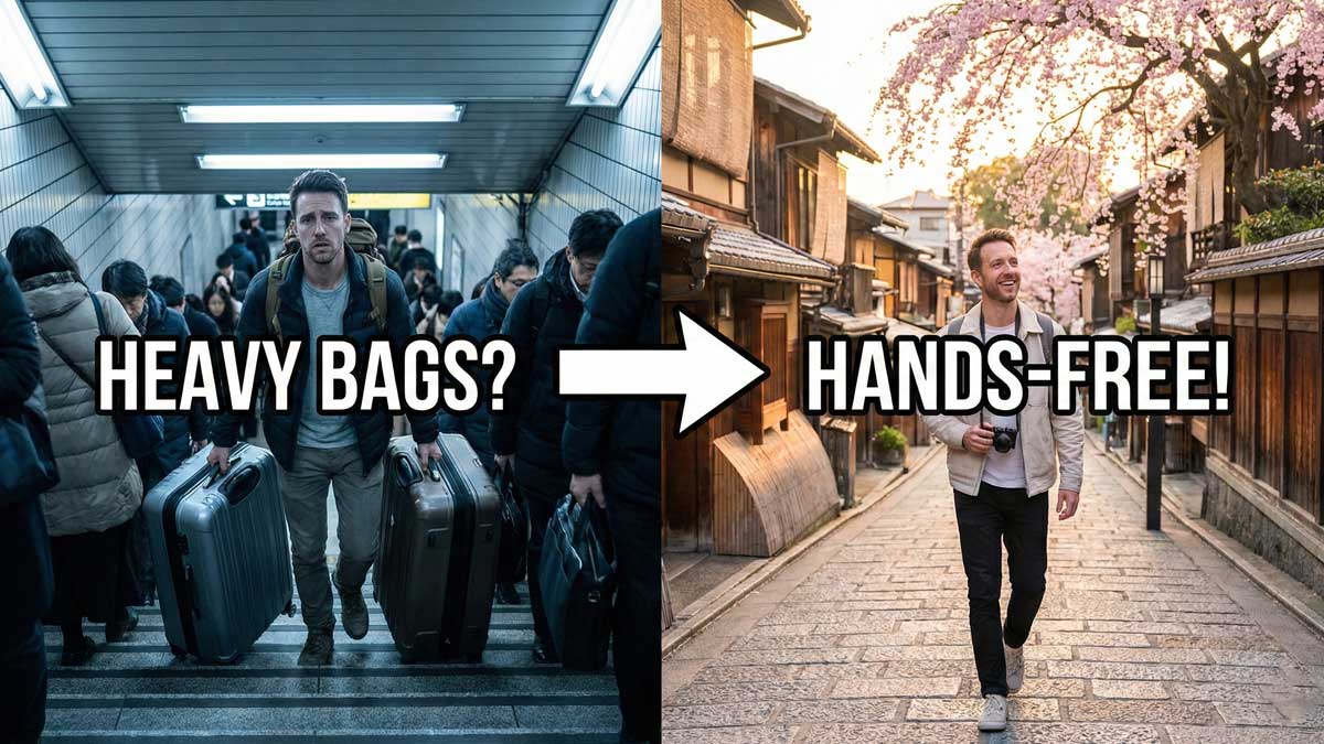Comparison image: Stressed tourist dragging heavy luggage in a crowded Tokyo station vs. Happy tourist walking hands-free in Kyoto. Text reads "HEAVY BAGS? -> HANDS-FREE!"