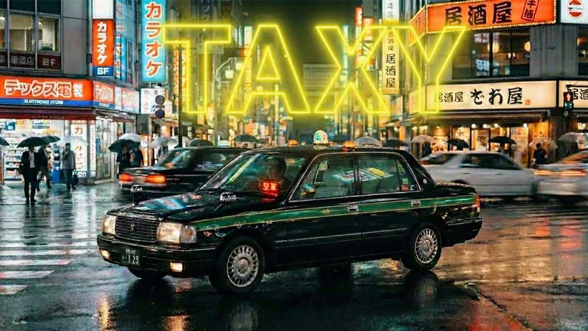 Black Japanese taxi driving on a rainy Tokyo street at night with neon signs. Neon text overlay at the top reads "TAXY".