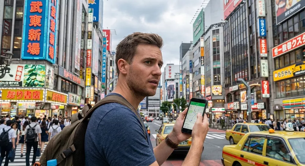 Tourist looking at a map on a smartphone on a busy Japanese street