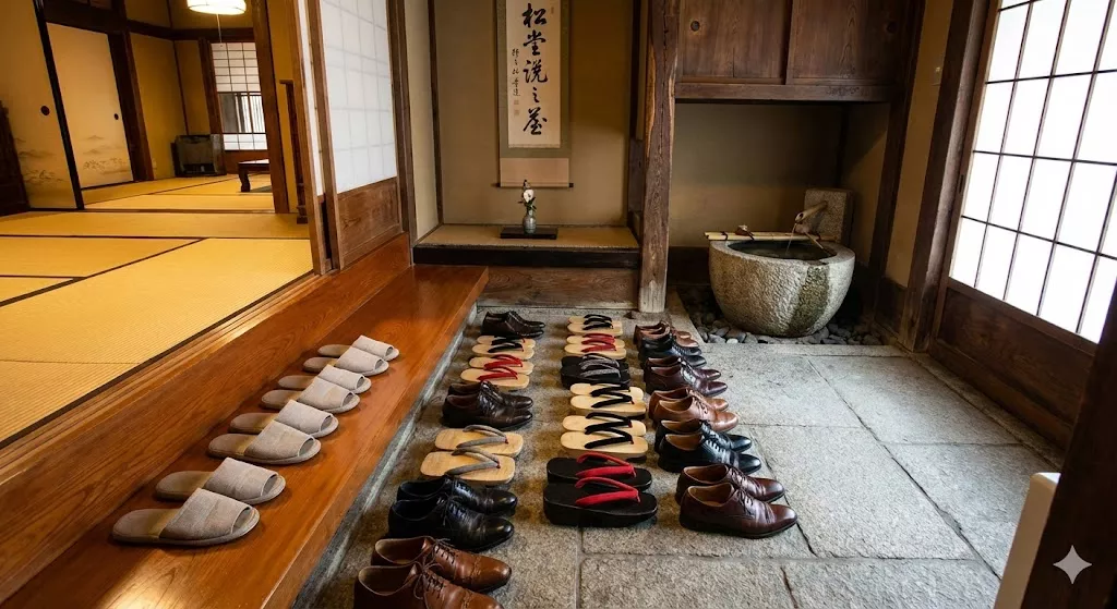 Entrance of traditional Japanese Ryokan with shoes taken off