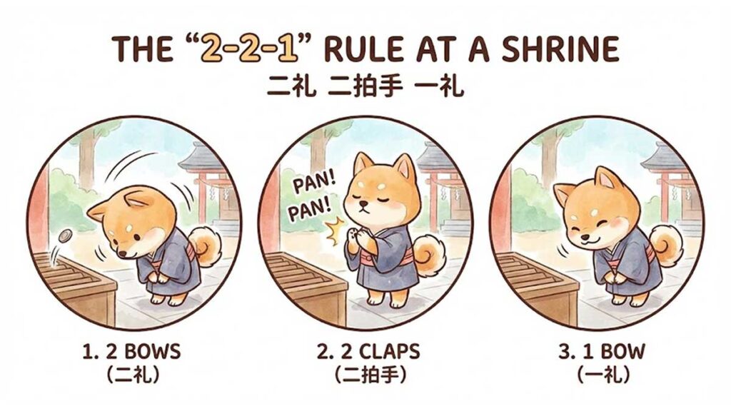 Illustration of a Shiba Inu demonstrating the "2-2-1" rule (Two Bows, Two Claps, One Bow) for praying at a Japanese shrine