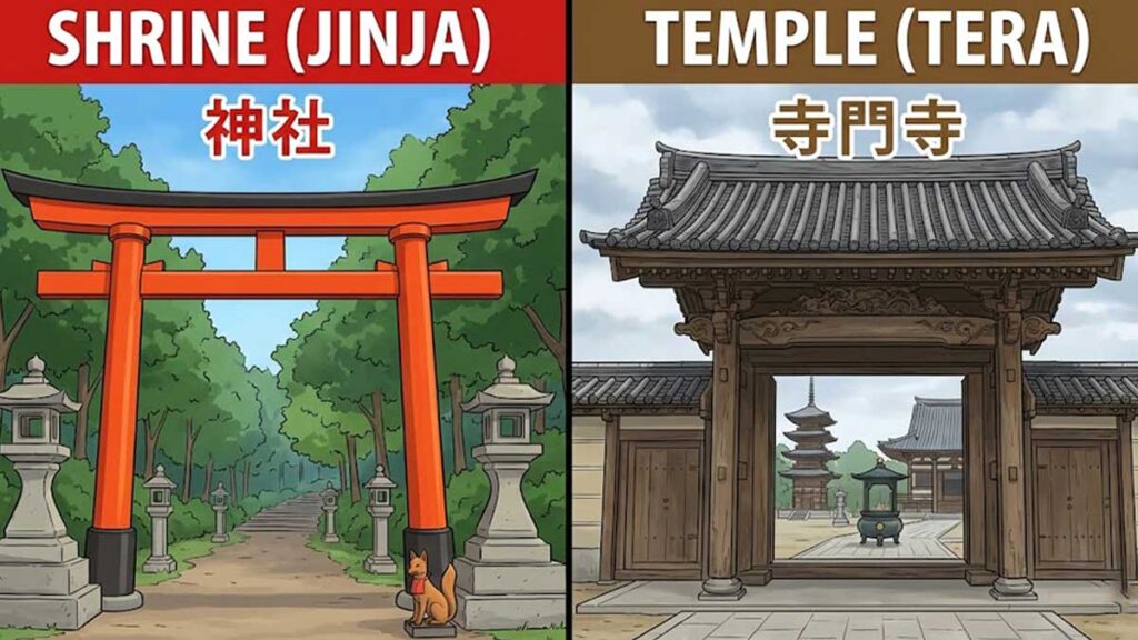 Comparison illustration showing the visual difference between a Japanese Shrine (Jinja) with a red Torii gate and a Buddhist Temple (Tera) with a traditional wooden gate and pagoda