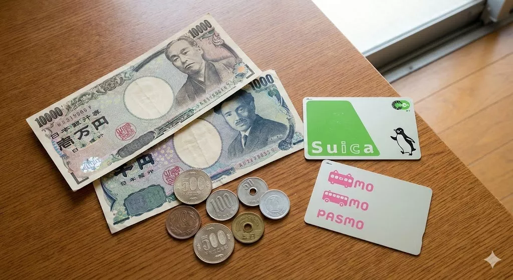Japanese Yen cash bills coins and Suica IC card