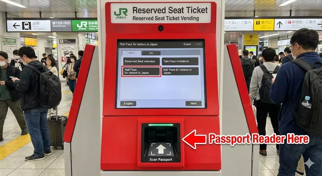 Red JR East reserved seat ticket machine with the "Passport Reader Here" highlighted by an arrow. The screen shows the menu for "Rail Pass for visitors to Japan".