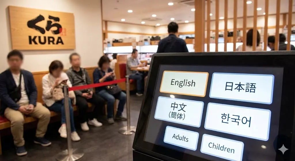 Touchscreen check-in kiosk at a Japanese conveyor belt sushi restaurant showing the English language selection button.