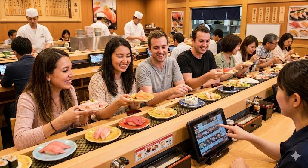 Delicious fresh sushi plates rotating on a conveyor belt at a popular Kaiten-Sushi restaurant in Japan.