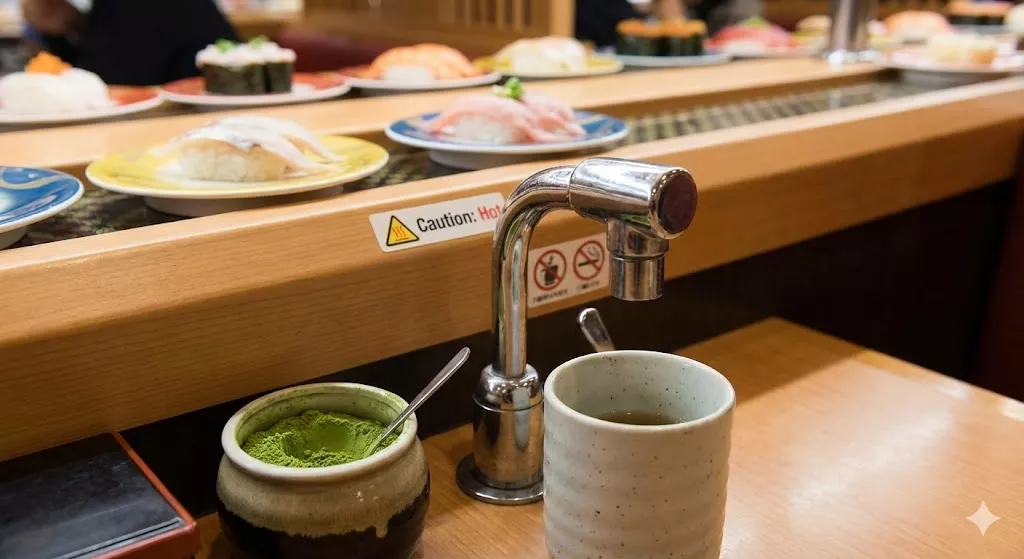 Hot water faucet and matcha green tea powder container at a conveyor belt sushi table setup.