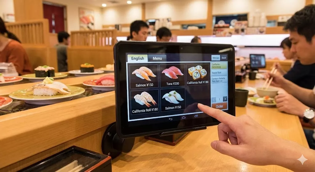 Touchscreen ordering tablet at a Japanese sushi restaurant displaying the English menu interface.