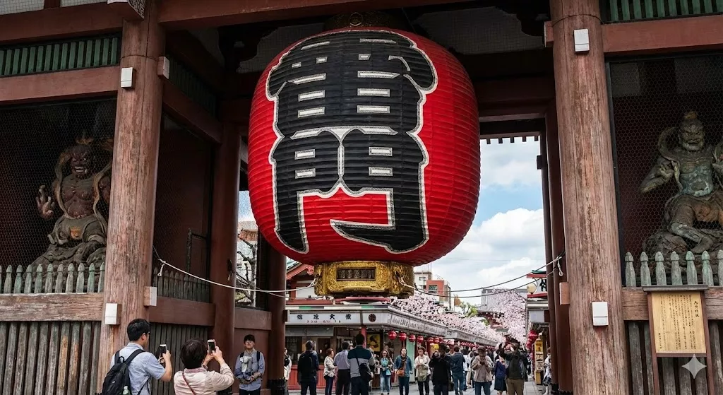 The giant red lantern hanging at the Kaminarimon Gate entrance to Senso-ji Temple in Asakusa, Tokyo.