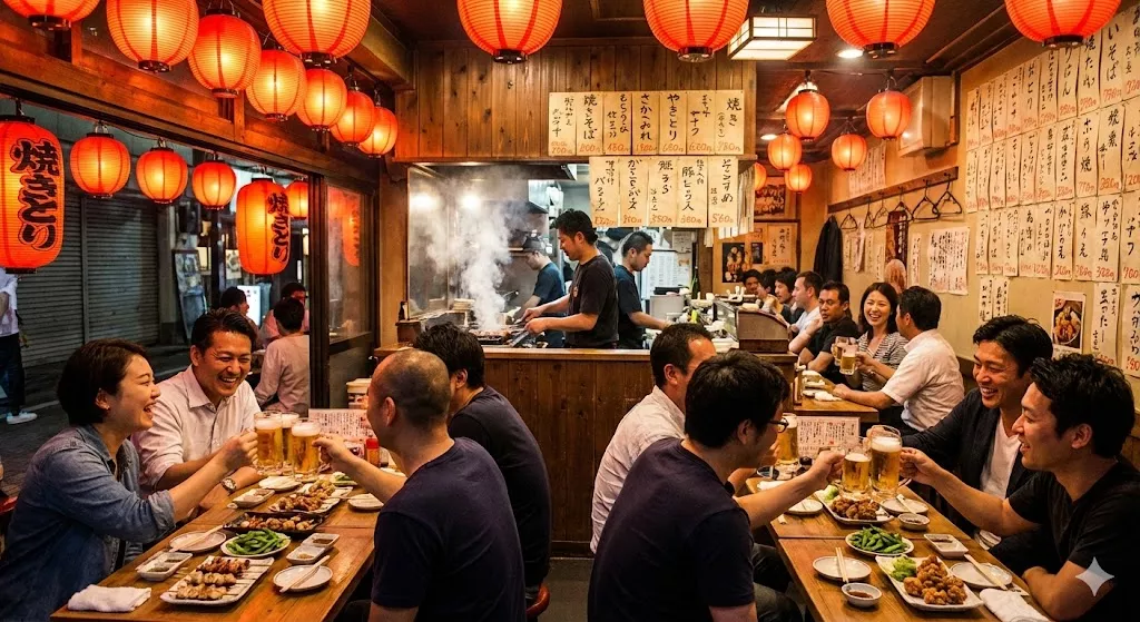 Lively atmosphere inside a Japanese Izakaya with salarymen drinking and small plates of food on the table.