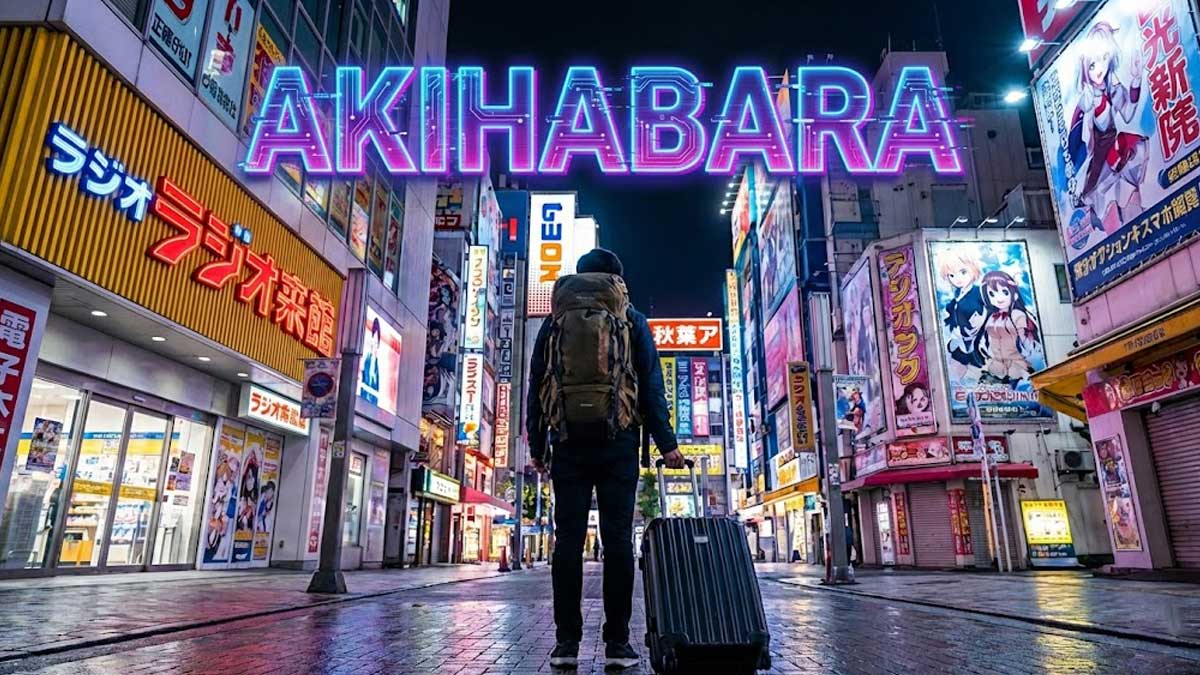 Traveler with a suitcase standing in neon-lit Akihabara Electric Town at night. Featured image for Narita to Akihabara transport guide.