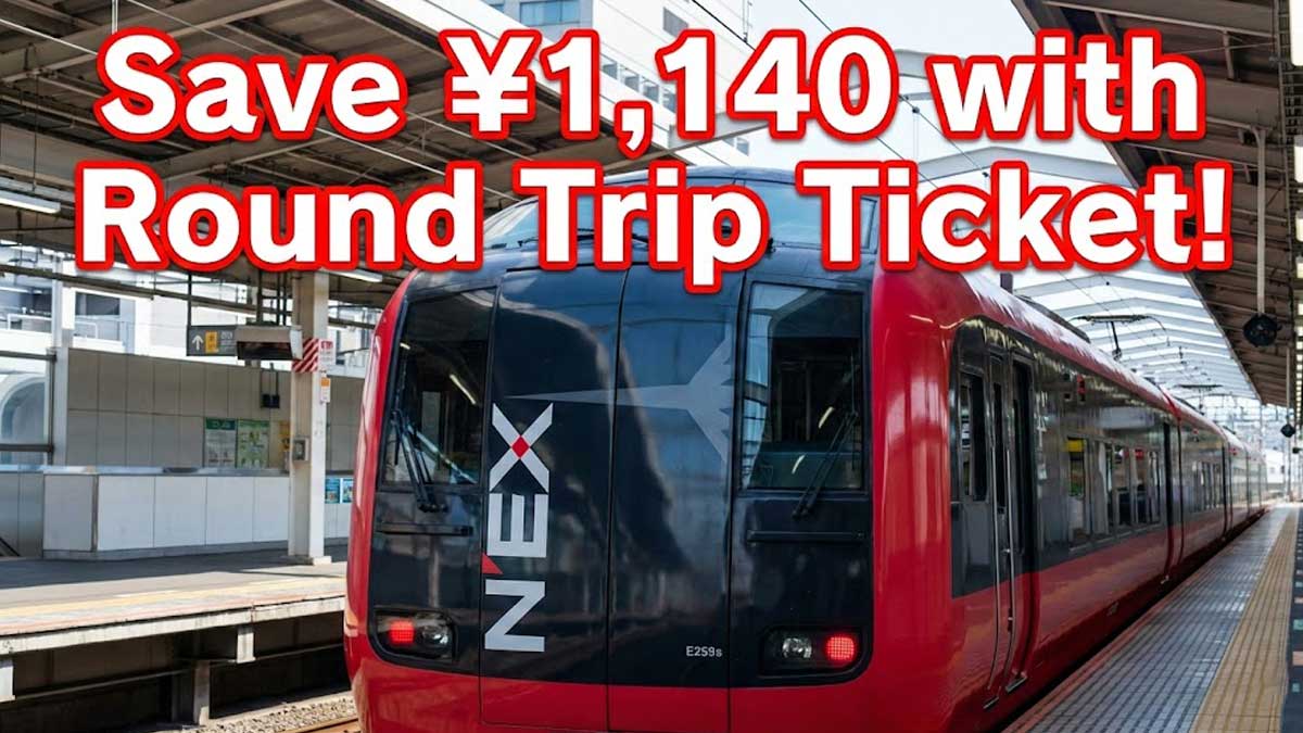 Narita Express train at station with text "Save ¥1,140 with Round Trip Ticket" for 2026 fare guide