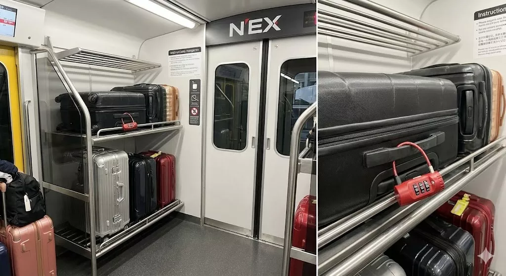 Secure luggage storage rack on the Narita Express (N'EX) train, showing large suitcases and anti-theft dial locks.