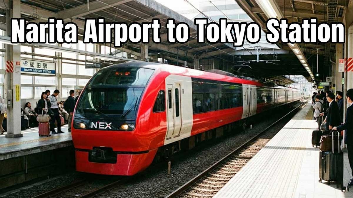 Red Narita Express (N'EX) train at the station platform with text "Narita Airport to Tokyo Station"